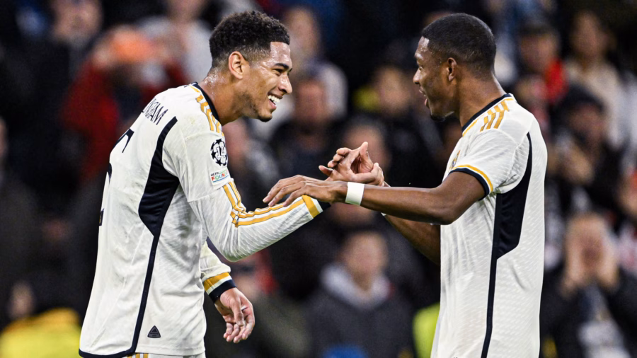 Real Madrid-Napoli: esultanza Bellingham e Alaba