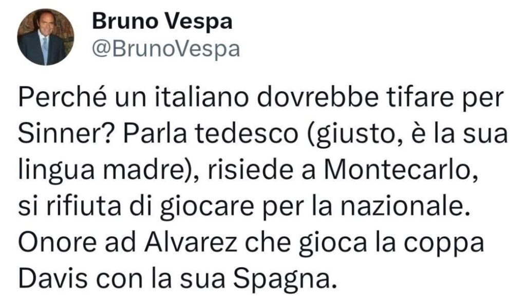 Il post di X di Bruno Vespa che attacca Sinner