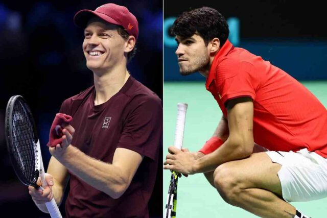 Jannik Sinner sorride e Carlos Alcaraz in ginocchio
